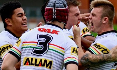 Panthers celebrate scoring against Manly in round 3 draw
