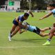 Viliami Penisini dives in the corner for his try against the Sharks in Rnd 2 (photo : Steve Montgomery)