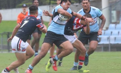 Josh Finau smashes his way thru the middle of the Roosters line in Round 6 of the NSWRL SG Ball Cup at Sharks Park (Photo : Steve Montgomery)