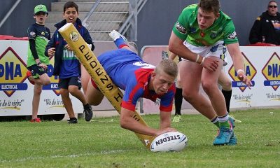 Kodi Crothers dives in the corner for an exciting try in Round 6 of the NSWRL SG Ball Cup against the Canberra Raiders