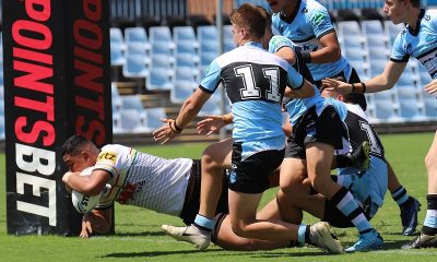 Panthers 2nd Rower Tevita Alatini dives in for a powerful try in last weeks round 4 of the NSWRL Harold Matthews Cup against the Cronulla Sharks at Shark Park (Photo : Steve Montgomery)