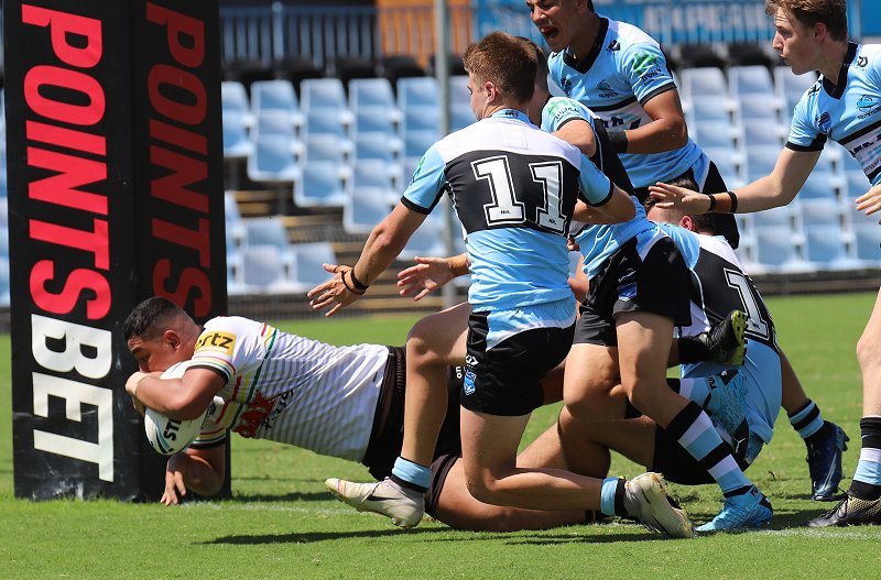 Panthers 2nd Rower Tevita Alatini dives in for a powerful try in last weeks round 4 of the NSWRL Harold Matthews Cup against the Cronulla Sharks at Shark Park (Photo : Steve Montgomery)