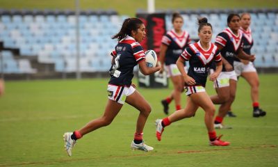 Sydney Roosters Indigenous Academy winger Shernille Ellis runs the footy from defense at Shark Park in Round 6 of the NSWRL Harvey Norman Tarsha Gale Cup against the Sharks (Photo : Steve Montgomery)