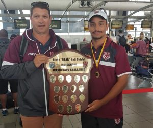 Gary Halliday and Keanu Wright-Dunrobin following the Queensland Murri Under 16 win in 2019. Photo: QRL