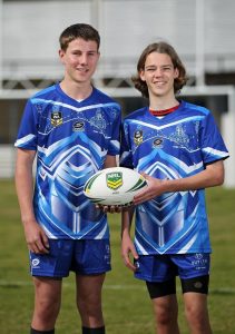 Butler College rugby league team co-captains Harrison Moore (15) and Lachlan Robertson (15) in the new uniforms. Credit: David Baylis/Community News
