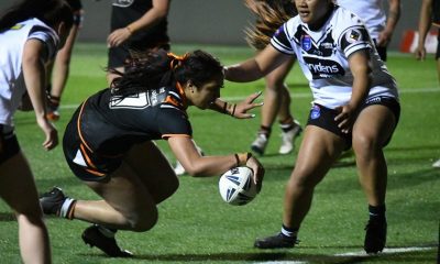 Christian Pio scores a good try for the WestsTigers in Rnd 6 of the HNWP