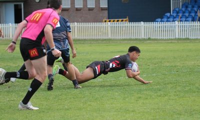 Inverson Teo diving in for his 1st try of the Schoolboy Cup Rnd 1 match against Matraville SHS (Steve MOntgomery)