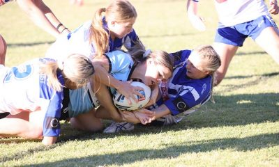 Sharks 2nd rower Talei Holmes dives in for a much needed try against the Bulldogs in Round 7 of the NSWRL Harvey Norman Women's Premiership (Photo : Steve Montgomery)