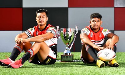 Kirwan State High School Bears Vice Captain Jeremiah Nanai and Captain Clay George with the Phil Hall Cup. Picture : Alix Sweeney