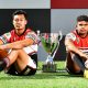 Kirwan State High School Bears Vice Captain Jeremiah Nanai and Captain Clay George with the Phil Hall Cup. Picture : Alix Sweeney