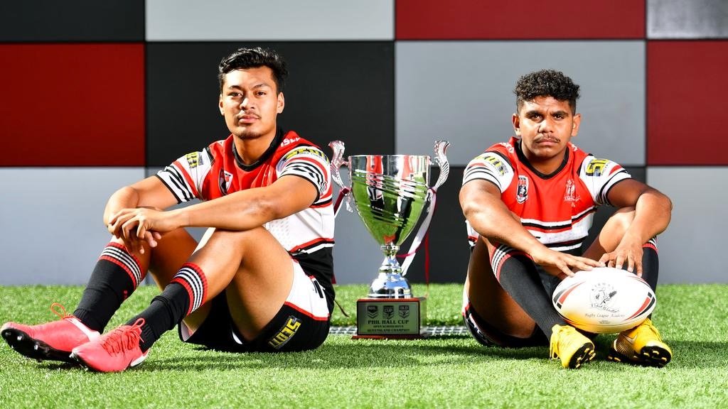 Kirwan State High School Bears Vice Captain Jeremiah Nanai and Captain Clay George with the Phil Hall Cup. Picture : Alix Sweeney
