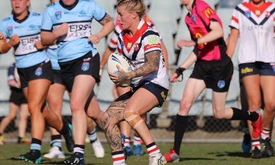 Central Coast Roosters Winger Jayme Fressard looks for a way through traffic atr Campbelltown Stadium in the Semi Final v Cronulla Sahrks (Photo : Steve Montgomery)