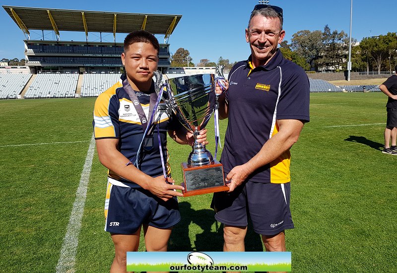 Westfields Sports High School Skipper Gordon Chan and Head Coach Mr. Wayne Lamkin holding the 2019 Southern Conference of the National Schoolboy Cup (Photo : Steve Montgomery)