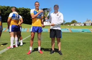 Patrician Brothers Captain Jakob Arthur and Patties Coach Noah Meares with the 2020 Schoolboy Cup (Photo : Steve Montgomery)