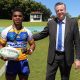Man of the Match Sunia Turuva and the Tim Morriissey head paper boy at the Daily Telegraph (Photo : Steve Montgomery)