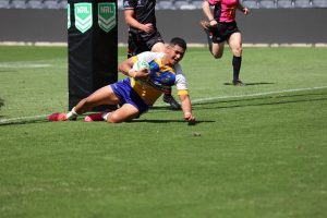Isaiya Katoa dives in to seal a berth in the 2020 Schoolboy Cup Grand Final for his school Patrician Brothers Catholic College, Blacktown (Photo : Steve Montgomery)