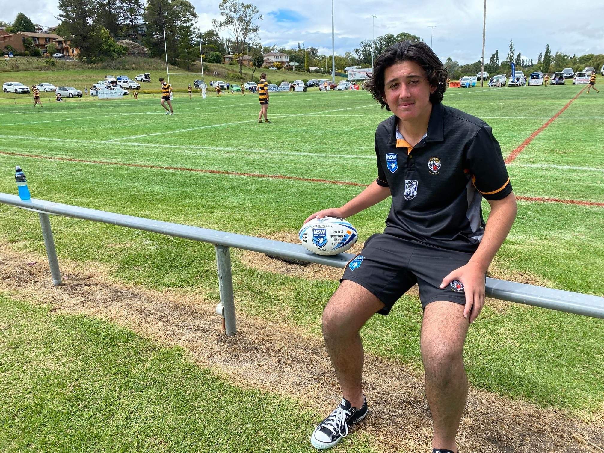 Pic: Logan Spinks and his game ball after a testing time in the pack at Armidale Rugby League Park on Saturday