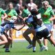 Canberra Raiders tarsha gale Cup fullback Krystal Blackwell tries to smash her way through the Sharks Defense in Rnd 1 in Canberra (Photo : Steve Montgomery)