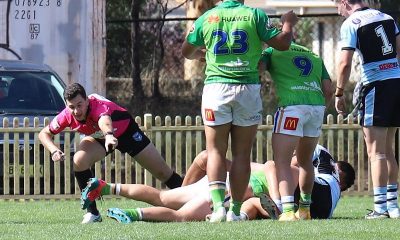 Ref Lachlan Greenfield is right in there to confirm the ball is down (Photo : Steve Montgomery Sports Photography)
