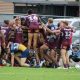 The Manly boys celebrate the match-winning try to Lehi Hopoate (Photo : Jordon Ovington)