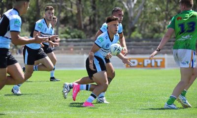 Sharks SG Ball Cup Hooker Kobie Wilson sends the Sharks into attack in Rnd 1 at the Raiders HQ in Canberra (Photo : Steve Montgomery)