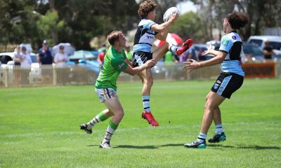 Sharks Mattys Cup winger Osca Catton jumps high to catch a good ball and fall over the line to score the Sharks 1st try v Raiders at the Raiders HQ in Canberra (Photo : Steve Montgomery)