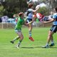 Sharks Mattys Cup winger Osca Catton jumps high to catch a good ball and fall over the line to score the Sharks 1st try v Raiders at the Raiders HQ in Canberra (Photo : Steve Montgomery)