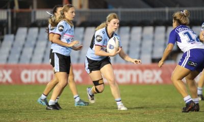 Sharks Prop Indee Brown running though the Bulldogs line at Shark parm (Photo : Steve Montgomery)