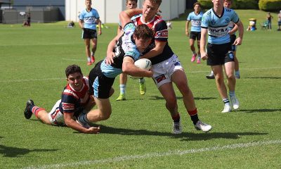 Cronulla Sharks Ricardo Oloapu dives in for a strong try in last weeks loss in rnd 5 to the Roosters at Wyong (Photo : Steve Montgomery)