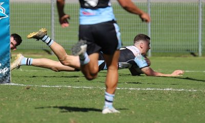 Sharks Fullback Kade Dykes dives in for his 3rd try against the Magpies in Round 8 at Shark Park (Photo : Steve Montgomery)