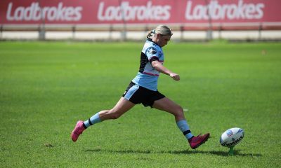 Cronulla Sharks Maddie Studdon kicking one of her 9 goals for the day (Photo : Steve Montgomery)