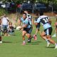 Sharks hooker Kobie Wilson passes the ball to a flying Waylon Fiaii in Round 5 against the Rooster at Wyong (Photo : Steve Montgomery)