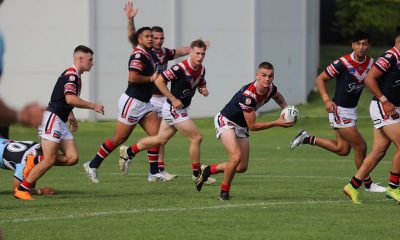 Sydney Roosters 2nd Rower Zac Montgomery sends the Roosters into another attack in Round 5 v Cronulla (Photo : Steve Montgomery)