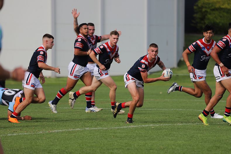 Sydney Roosters 2nd Rower Zac Montgomery sends the Roosters into another attack in Round 5 v Cronulla (Photo : Steve Montgomery)