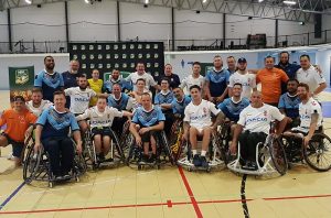 Edie George also a Wheelchair Rugby League Player 4th from the Left, Back row after the England v NSW game at the Wollongong Uni in 2019 (Photo : Steve Montgomery)