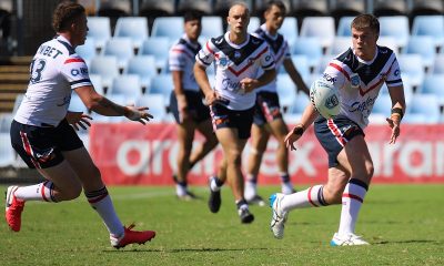 Roosters attacking the Sharks line in Rnd 4 at Shark Park (Photo : Steve Montgomery)