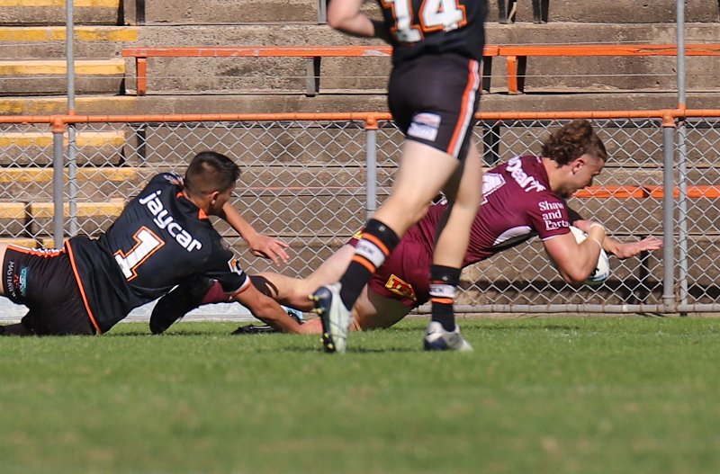 Seaeagles Skipper Josh Feledy dives in for a try to put his SeaEagles side into the HMC Grand Final against the Parramatta Eels (Photo : Steve Montgomery)