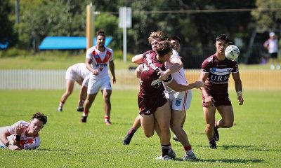 Jamie Humphreys pops a superb pass to send Kaeo Weekes over for a try (Photo : Wayne Cousins Manly Media)