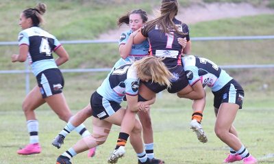 Helensburg Tigers Fullback get gang tackled by the Sharks defence in Round 6 at the Rex Jackson Oval, Helensburg (Photo : Steve Montgomery)