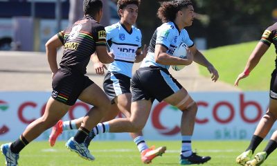 Sharks Center Koby Douglas flys up the middle of Panthers Staudium in Round 9 against the Panthers (Photo : Steve Montgomery)