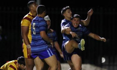 Patrician Brothers Fairfield celebrate a try in their narrow win against Holy Cross College. Picture: Jonathan Ng
