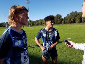 Daily Telegraph reporter Willams Tyson interview Illarra SHS players James Walsh (L) and Viliami Mahe (Photo : Steve Montgomery)
