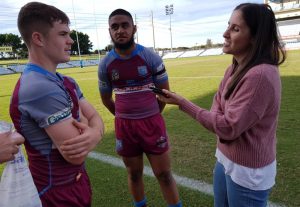 Daily Telegraph reporter Joselyn Airth Interviews Blake Metcalfe and Yakasima Huihahau from the Hills SHS after today's Rnd 2 Schoolboys Cup Match at Shark Park (Photo : Steve Montgomery)