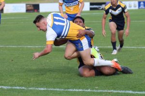 Cayne Nicholas dives in to score for Patrician Bro's in rnd 2 of the Schoolboy Cup on Wednesday at the Aubrey Keech Reserve (Photo : Steve Montgomery)