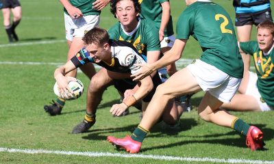Fletcher Sharpe of All Saints College dives in for a powerful try at the Maitland Sports Ground in Rnd 2 of the Schoolboy Cup against Farrer MAHS (Photo : Steve Montgomery)
