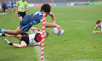 Luke Laulilii of NSWCHS Under 15's dives in for a spectacular try in today's Day 2 of the NSW Schoolboys Championships (Photo : Steve Montgomery)