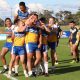 Tevita Alatini celebrating his try with Patrician Brothers Blacktown teammates in their victory over Westfields SHS. (Photo : Steve Montgomery)