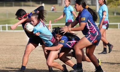 Keebra Park half Skye Raftstrand-Smith tackled by Mabel Park defence. Picture Glenn Hampson