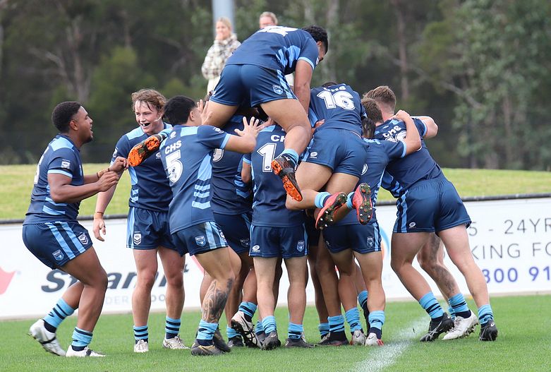 NSWCHS celebrate a try on Day 2 of the NSW Schoolboy Tri-Series (Photo : Steve Montgomery)