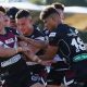 Tyree Bowman celebrates with team mates after his try. Picture: Liam Kidston.